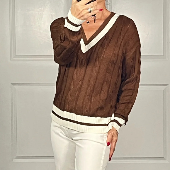 Brown cable knit V neck sweater - Picture 2 of 8